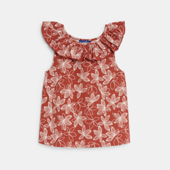 قميص داخلي مطبوع بياقة مكشكشة بني صدئ للفتيات